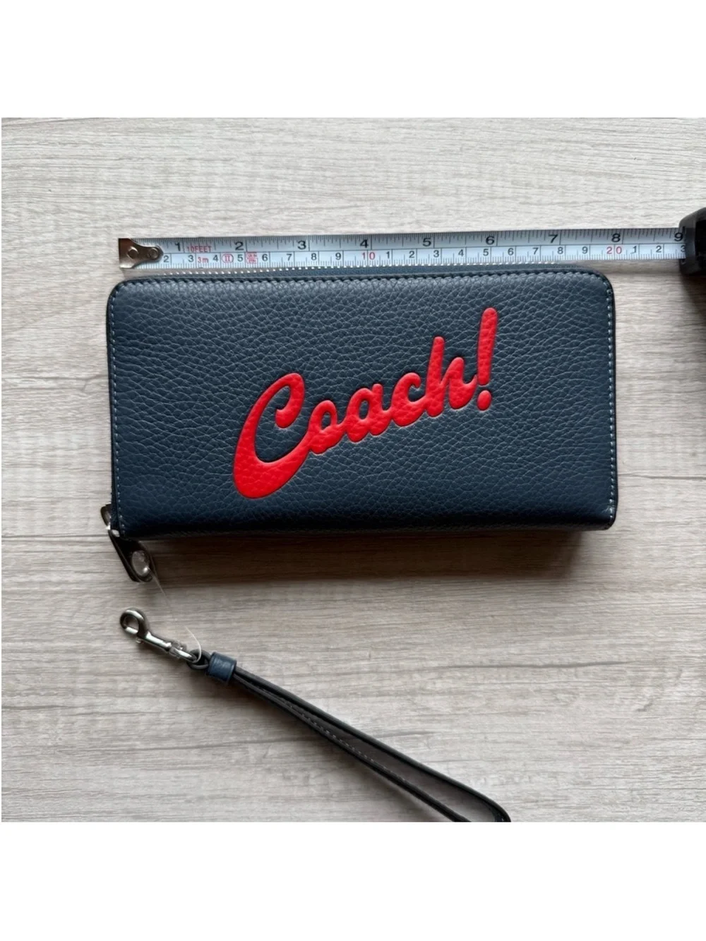 Coach Navy Leather Zip Wallet with Red Script Logo